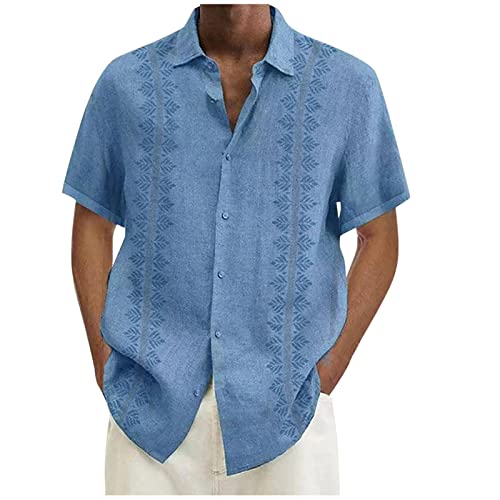 BORTGYUI Sommerhemden FüR MäNner Leinenhemd Herren Sommerhemden Kurzarm Lässiges Button-Down-Revershemd Normale Passform Baumwolle Slim Fit Businesshemd 4XL 01-Himmelblau von BORTGYUI