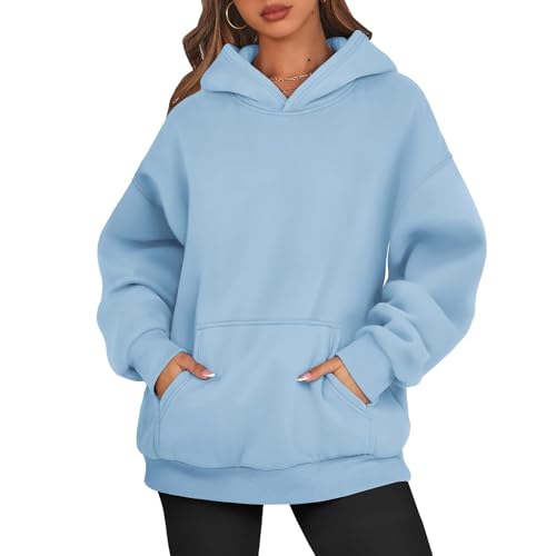 BORTGYUI Sweatshirt Damen Oversize Hoodie Damen Hoodie Damen Oversize Pullover Sweatshirt Kapuzenpullover Pulli Sweatjacke Sport Oberteile Mit Tasche Tops Streetwear XL 01-Himmelblau von BORTGYUI
