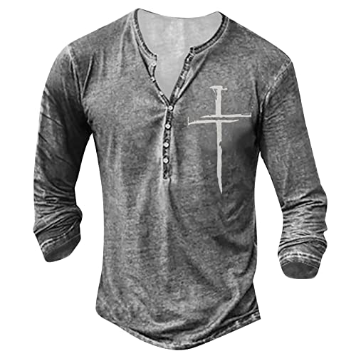 BORTGYUI Sweatshirts FüR Herren Herren Langarm Henley Shirt mit Knopfleiste Retro Strick Print Langarm Sportshirt Slim Fit Shirt Funktionsshirt Pullover Sweatshirt L 01-Grau von BORTGYUI