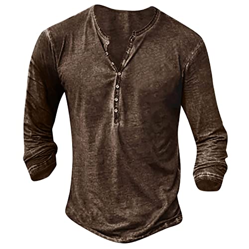Hemd Herren Langarm Henley Shirt mit Knopfleiste Retro Strick Print Sportshirt Slim Fit Funktionsshirt Pullover Sweatshirt 3XL 1-Kaffee von BORTGYUI