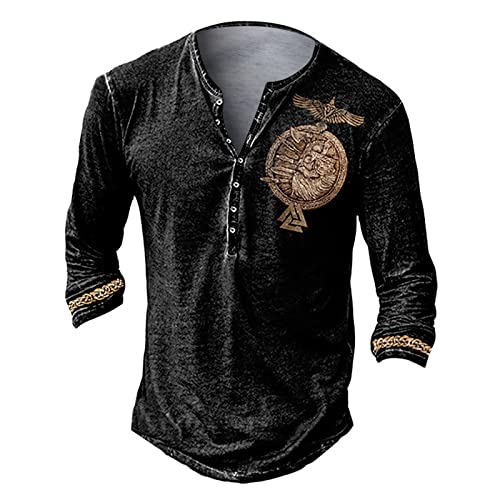 Hemden Herren Langarm Herren Langarm Henley Shirt mit Knopfleiste Retro Strick Print Langarm Sportshirt Slim Fit Shirt Funktionsshirt Pullover Sweatshirt L 01-Braun von BORTGYUI