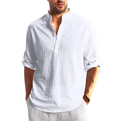 Henley Shirt Herren Einfarbig Langärmelig Baumwolle Leinen T-Shirt Lockeres Sommerhemd Leinenhemd Langes Formelles Arbeitshemd Henley-Sommerhemd Reguläre Passform Freizeithemd XL 01-Weiß von BORTGYUI