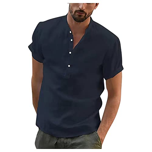 Henley Shirt Herren Herren Kurzarm-Leinenhemd, reguläre Passform, Sommerhemd, lässig, Stehkragen, Baumwolle, Leinen, Henley-Hemd, Langarm, Hippie, lässig, Strand-T-Shirts 3XL 01-Dunkelblau von BORTGYUI