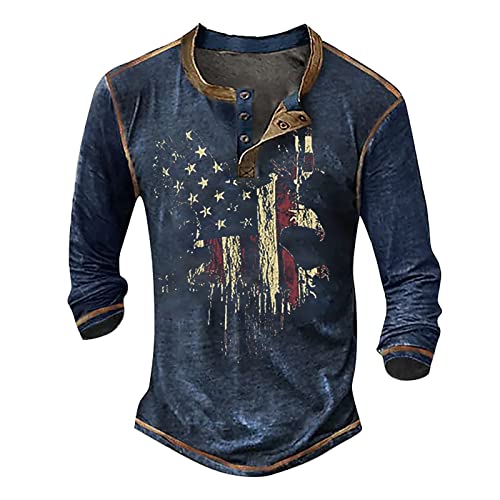 Herren Langarmshirt 3D-Druck Henley-Shirt Casual Distressed Henley-Shirt mit Knopfleiste Fashion V-Ausschnitt Sport-Shirt Outdoor Tactical T-Shirts Tops Compression Shirt Herren L 01-Marine von BORTGYUI