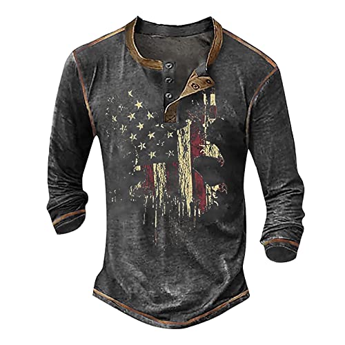 Herren Langarmshirt 3D-Druck Henley-Shirt Casual Distressed Henley-Shirt mit Knopfleiste Fashion V-Ausschnitt Sport-Shirt Outdoor Tactical T-Shirts Tops Tshirt Gelb L 01-Dunkelgrau von BORTGYUI