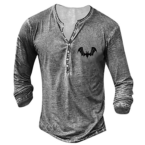 Herren Langarmshirt Basic LäSsiges Langarm Henley Hemd Langarm Hemd Mit Knopfleiste Retro Strickdruck Langarm Sporthemd Slim Fit Hemd Mit V Ausschnitt Brusthaar Shirt L 01-Hellgrau von BORTGYUI