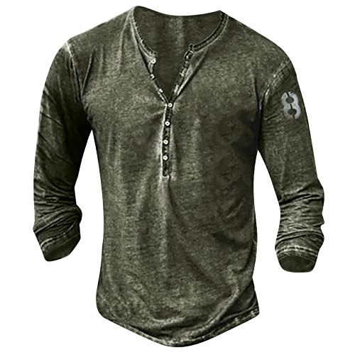 Herren Pullover Langarm Henley Shirt mit Knopfleiste Retro Strick Print Sportshirt Slim Fit Funktionsshirt Sweatshirt L 1-Grün von BORTGYUI
