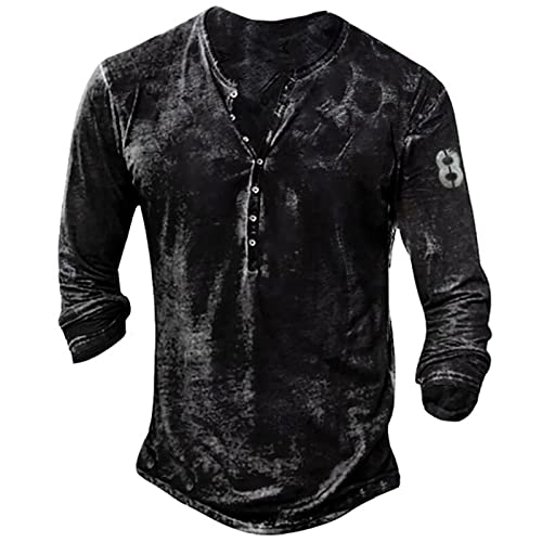 Herren Pullover Langarm Henley Shirt mit Knopfleiste Retro Strick Print Sportshirt Slim Fit Funktionsshirt Sweatshirt XXL 1-Schwarz von BORTGYUI