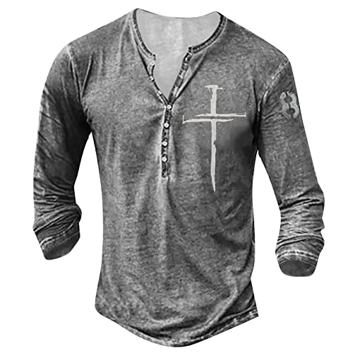 Herren Sweatshirt Langarm Henley Shirt mit Knopfleiste Retro Strick Print Sportshirt Slim Fit Funktionsshirt Pullover M 1-Grau von BORTGYUI
