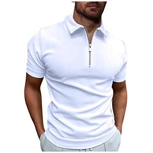 Herren T Shirt Herren Kurzarm Einfarbig Basic Golf T-Shirt Poloshirt Sommer Slim Fit Kurzarm T-Shirt Sommer Slim Fit Sportshirts Outdoor mit Reißverschluss T-Shirt Sommer L 01-Dunkelgrün von BORTGYUI