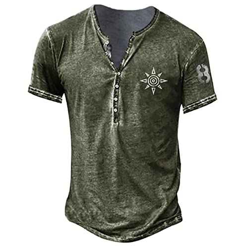 Herren T Shirt V-Ausschnitt Sommer Retro Print T-Shirt Vintage Basic T-Shirts Top Regular Fit mit Knöpfen Sporthemd Mittelalter Tunika Tops Hemden Herren Shirt 4XL 01-Armeegrün von BORTGYUI