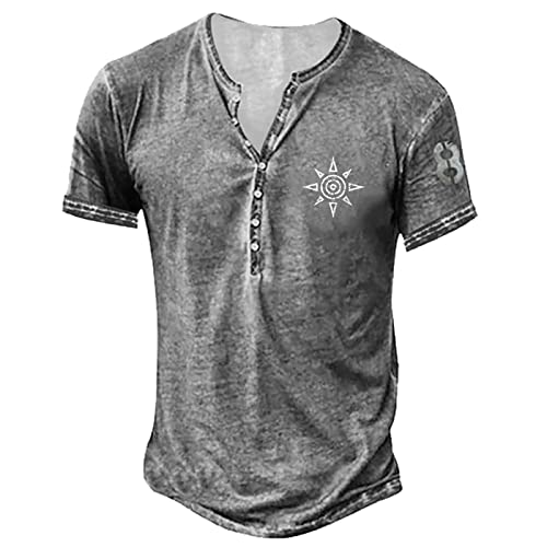 Herren T Shirt V-Ausschnitt Sommer Retro Print T-Shirt Vintage Basic T-Shirts Top Regular Fit mit Knöpfen Sporthemd Mittelalter Tunika Tops Hemden Shirt Herren 4XL 01-Silber von BORTGYUI