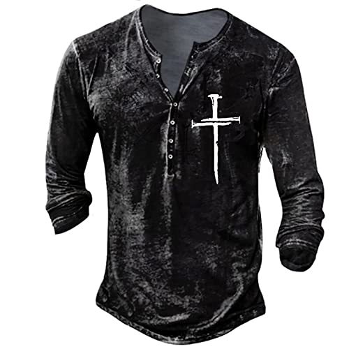 Herrenhemden Langarm Herren Langarm Henley Shirt mit Knopfleiste Retro Strick Print Langarm Sportshirt Slim Fit Shirt Funktionsshirt Pullover Sweatshirt L 01-Schwarz von BORTGYUI