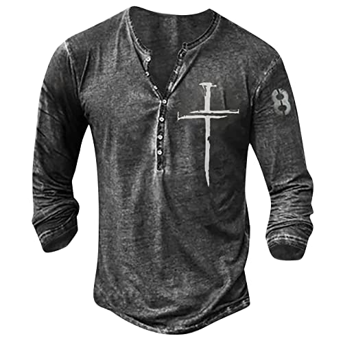 Herrenhemden Langarm Herren Langarm Henley Shirt mit Knopfleiste Retro Strick Print Langarm Sportshirt Slim Fit Shirt Funktionsshirt Pullover Sweatshirt M 01-Dunkelgrau von BORTGYUI