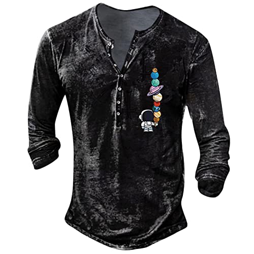 Langarmshirt Herren Basic LäSsiges Langarm Henley Hemd Langarm Hemd Mit Knopfleiste Retro Strickdruck Langarm Sporthemd Slim Fit Hemd Mit V Ausschnitt Longshirt Herren M 01-Schwarz von BORTGYUI