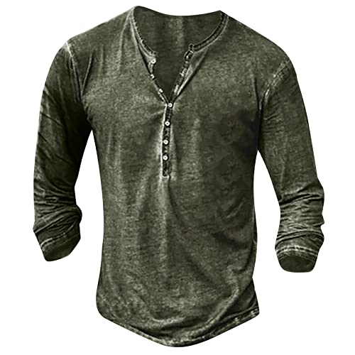 Langarmshirt Herren Baumwolle Herren Langarm Henley Shirt mit Knopfleiste Retro Strick Print Langarm Sportshirt Slim Fit Shirt Funktionsshirt Pullover Sweatshirt 3XL 01-Grün von BORTGYUI