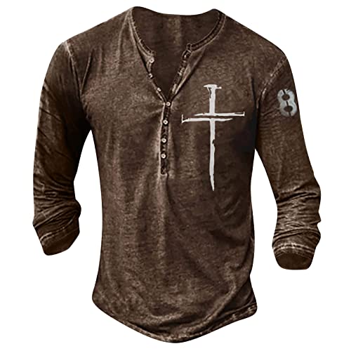 Langarmshirt Herren Langarm Henley Shirt mit Knopfleiste Retro Strick Print Sportshirt Slim Fit Funktionsshirt Pullover Sweatshirt XL 1-Kaffee von BORTGYUI