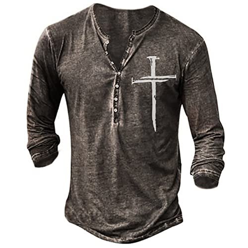 Langarmshirt Herren Herren Langarm Henley Shirt mit Knopfleiste Retro Strick Print Langarm Sportshirt Slim Fit Shirt Funktionsshirt Pullover Sweatshirt XXL 01-Grau von BORTGYUI