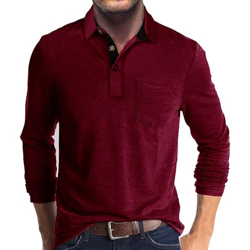 Langarmshirt Herren Poloshirt Herren Langarm T Shirts mit Tasche Polo Klassisches L 01-Weinrot von BORTGYUI