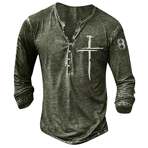 Langarmshirts FüR Herren Herren Langarm Henley Shirt mit Knopfleiste Retro Strick Print Langarm Sportshirt Slim Fit Shirt Funktionsshirt Pullover Sweatshirt L 01-Grün von BORTGYUI