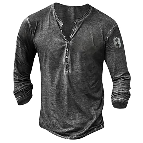 Langarmshirts FüR Herren Herren Langarm Henley Shirt mit Knopfleiste Retro Strick Print Langarm Sportshirt Slim Fit Shirt Funktionsshirt Pullover Sweatshirt XL 01-Dunkelgrau von BORTGYUI