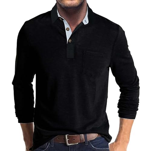 Langarmshirts FüR Herren Poloshirt Herren Langarm T Shirts mit Tasche Polo Klassisches 3XL 01-Schwarz von BORTGYUI