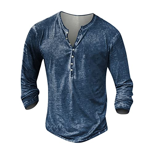 Langarmshirts FüR Herren T-Shirt Basic Lässig Langarm Henley Shirt Langarm Shirt mit Knopfleiste Retro Strick Print Langarm Sport Shirt V-Ausschnitt Slim Fit Tshirt Gelb XL 01-Blau von BORTGYUI