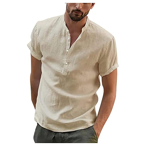 Leinenhemd Herren Sommer Herren Kurzarm-Leinenhemd, reguläre Passform, Sommerhemd, lässig, Stehkragen, Baumwolle, Leinen, Henley-Hemd, Langarm, Hippie, lässig, Strand-T-Shirts L 01-Khaki von BORTGYUI