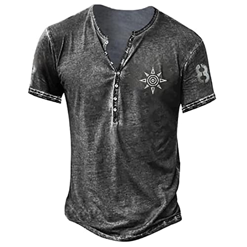 Men's Shirts V-Ausschnitt Sommer Retro Print T-Shirt Vintage Basic T-Shirts Top Regular Fit mit Knöpfen Sporthemd Mittelalter Tunika Tops Hemden T Shirt XL 01-Grau von BORTGYUI