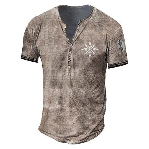 Men's Shirts V-Ausschnitt Sommer Retro Print T-Shirt Vintage Basic T-Shirts Top Regular Fit mit Knöpfen Sporthemd Mittelalter Tunika Tops Hemden Tattoo Shirt XL 01-Beige von BORTGYUI