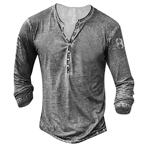 Oberhemden Herren Langarm Henley Shirt Mit Knopfleiste Retro Strick Print Sportshirt Slim Fit Funktionsshirt Pullover Sweatshirt M 1-Grau von BORTGYUI