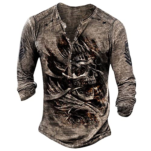 Outdoor Hemd Herren Langarm Herren Langarm Henley Shirt mit Knopfleiste Retro Strick Print Langarm Sportshirt Slim Fit Shirt Funktionsshirt Pullover Sweatshirt XL 01-Kaffee von BORTGYUI