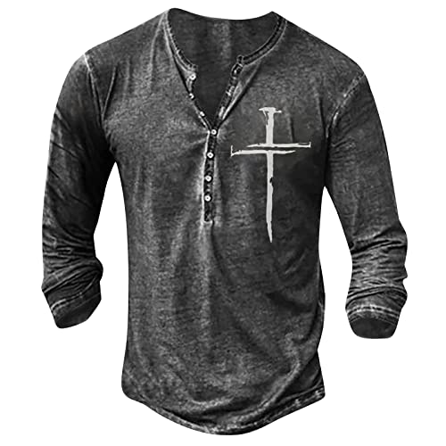 Outdoor Hemd Herren Langarm Herren Langarm Henley Shirt mit Knopfleiste Retro Strick Print Langarm Sportshirt Slim Fit Shirt Funktionsshirt Pullover Sweatshirt XXL 01-Dunkelgrau von BORTGYUI