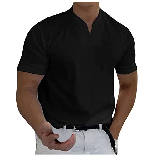 Oversized Tshirt Herren Herren T-Shirts Gentlemans Business Short Sleeve Fitness T Shirt Herren-Blusen für die Arbeit Männer lässig solide kurzärmlig V-Ausschnitt T-Shirt-Oberteil 4XL 01-Schwarz von BORTGYUI