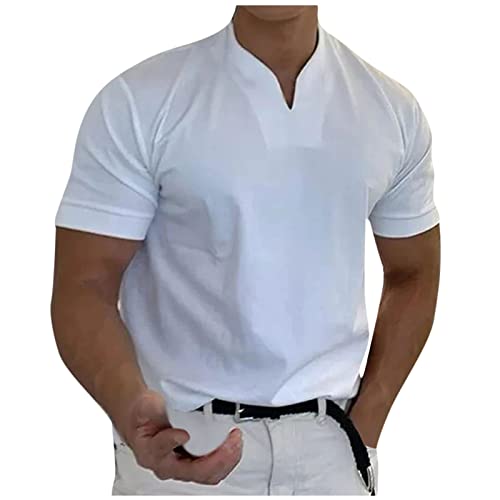 Oversized Tshirt Herren Herren T-Shirts Gentlemans Business Short Sleeve Fitness T Shirt Herren-Blusen für die Arbeit Männer lässig solide kurzärmlig V-Ausschnitt T-Shirt-Oberteil M 01-Weiß von BORTGYUI