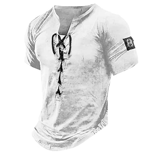 Oversized Tshirt Herren Herren V-Ausschnitt Einfarbig Kordelzug Retro Henley Hemd Taillierte Muskelhemden Kurzarm Taktische Hemden Combat Shirt Übergroßes T-Shirt Herren Sommeroberteile L 01-Weiß von BORTGYUI