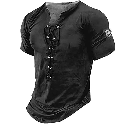 Oversized Tshirt Herren Herren V-Ausschnitt Einfarbig Kordelzug Retro Henley Hemd Taillierte Muskelhemden Kurzarm Taktische Hemden Combat Shirt Übergroßes T-Shirt Herren Sommeroberteile M 01-Schwarz von BORTGYUI