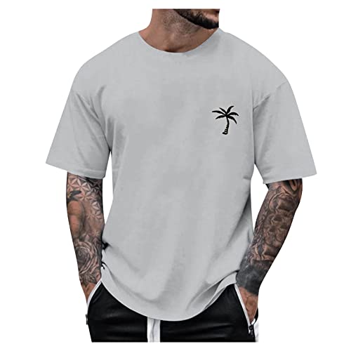 Oversized Tshirt Herren Rundhalsausschnitt Kurze Ärmel lockere Sommer-Oberteile modisches T-Shirt mit Kokosnussbaum Grafik kreative Buchstaben Vintage-Druck Streetwear lässig Oberteile L 01-Hellgrau von BORTGYUI