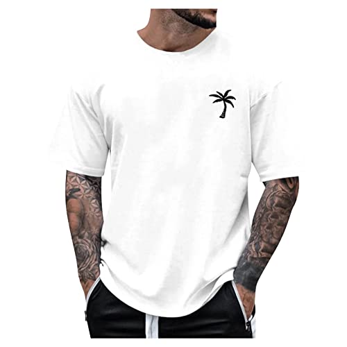 Oversized Tshirt Herren Rundhalsausschnitt kurze Ärmel lockere Sommer-Oberteile modisches T-Shirt mit Kokosnussbaum Grafik kreative Buchstaben Vintage-Druck Streetwear lässig lange Oberteile L 01-Weiß von BORTGYUI