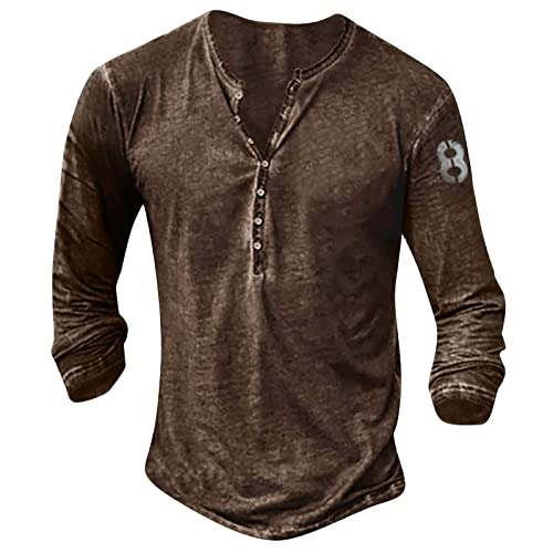 Pullover Herren Herren Langarm Henley Shirt mit Knopfleiste Retro Strick Print Langarm Sportshirt Slim Fit Shirt Funktionsshirt Pullover Sweatshirt XL 01-Kaffee von BORTGYUI