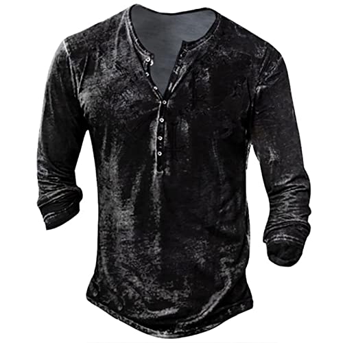 Pullover Herren Sommer Langarm Henley Shirt mit Knopfleiste Retro Strick Print Sportshirt Slim Fit Funktionsshirt Sweatshirt 3XL 1-Schwarz von BORTGYUI