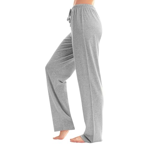 Schlafanzughose Damen Lang Schlafanzug Damen Damen Pyjamahose Schlafanzughose Lang Stretch Weich Lounge Freizeithose Weite Bein Palazzo Bequeme Haushose Schlafhose L 04-Grau von BORTGYUI