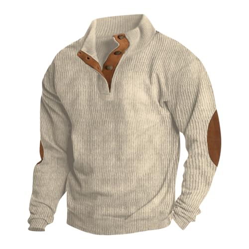 Sweatshirt Herren Einfarbiger Outdoor-Pullover Stehkragen Knopf-Patchwork klassischer Mantelpullover Herbst-Winter-Freizeitpullover Langarm-Oberteile übergroße Streetwear für Herren XL 01-Weiß von BORTGYUI