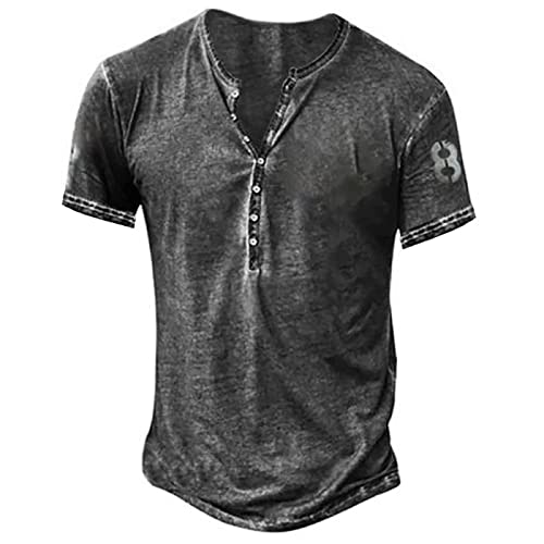 T Shirt Herren Einfaches Henley-Hemd KurzäRmliges LäSsiges T-Shirt Mit KnöPfen Einfarbiges Baumwollhemd Normaler Passform Leichtes Vintage-LäSsiges Dart M 1-Dunkelgrau von BORTGYUI