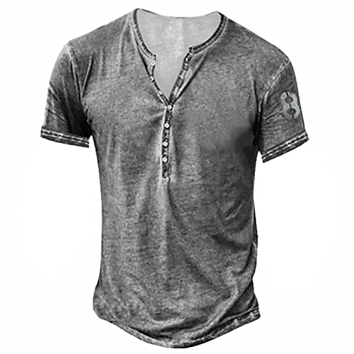 T Shirt Herren Einfaches Henley-Hemd KurzäRmliges LäSsiges T-Shirt Mit KnöPfen Einfarbiges Baumwollhemd Normaler Passform Leichtes Vintage-LäSsiges Langarmshirt M 1-Grau von BORTGYUI
