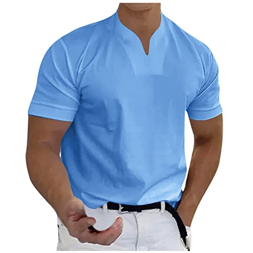 T-Shirt Herren Herren T-Shirts Gentlemans Business Short Sleeve Fitness T Shirt Herren-Blusen für die Arbeit Männer lässig kurzärmlig V-Ausschnitt T-Shirt-Oberteil XXL Blau… von BORTGYUI