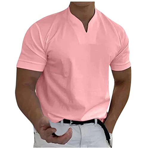 T Shirt Herren Herren T-Shirts Gentlemans Business Short Sleeve Fitness T Shirt Herren-Blusen für die Arbeit Männer lässig solide kurzärmlig V-Ausschnitt T-Shirt-Oberteil 3XL 01-Rosa von BORTGYUI