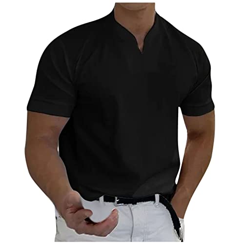T-Shirt Herren Herren T-Shirts Gentlemans Business Short Sleeve Fitness T Shirt Herren-Blusen für die Arbeit Männer lässig solide kurzärmlig V-Ausschnitt T-Shirt-Oberteil 3XL 01-Schwarz von BORTGYUI