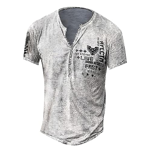 T-Shirt Herren V-Ausschnitt Sommer Retro Kreuzdruck Print T-Shirt Vintage Basic T-Shirts Top Regular Fit mit Knöpfen Sporthemd Mittelalter Tunika Tops Hemden Bodybuilding Shirt XXL 01-Silber von BORTGYUI