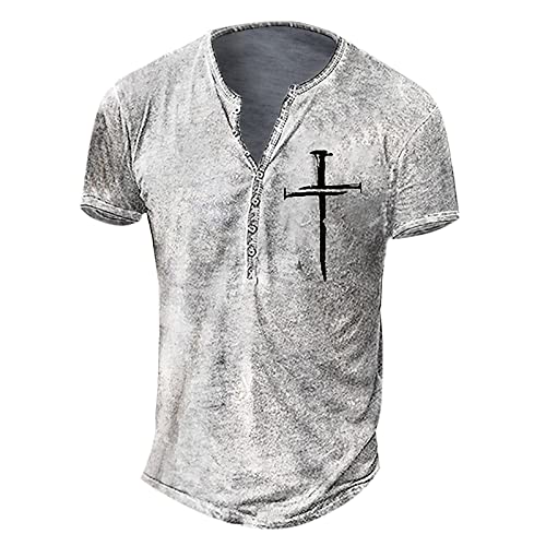 T-Shirt Herren V-Ausschnitt Sommer Retro Kreuzdruck Print T-Shirt Vintage Basic T-Shirts Top Regular Fit mit Knöpfen Sporthemd Mittelalter Tunika Tops Hemden GroßE Schwester Shirt XXL 01-Weiß von BORTGYUI